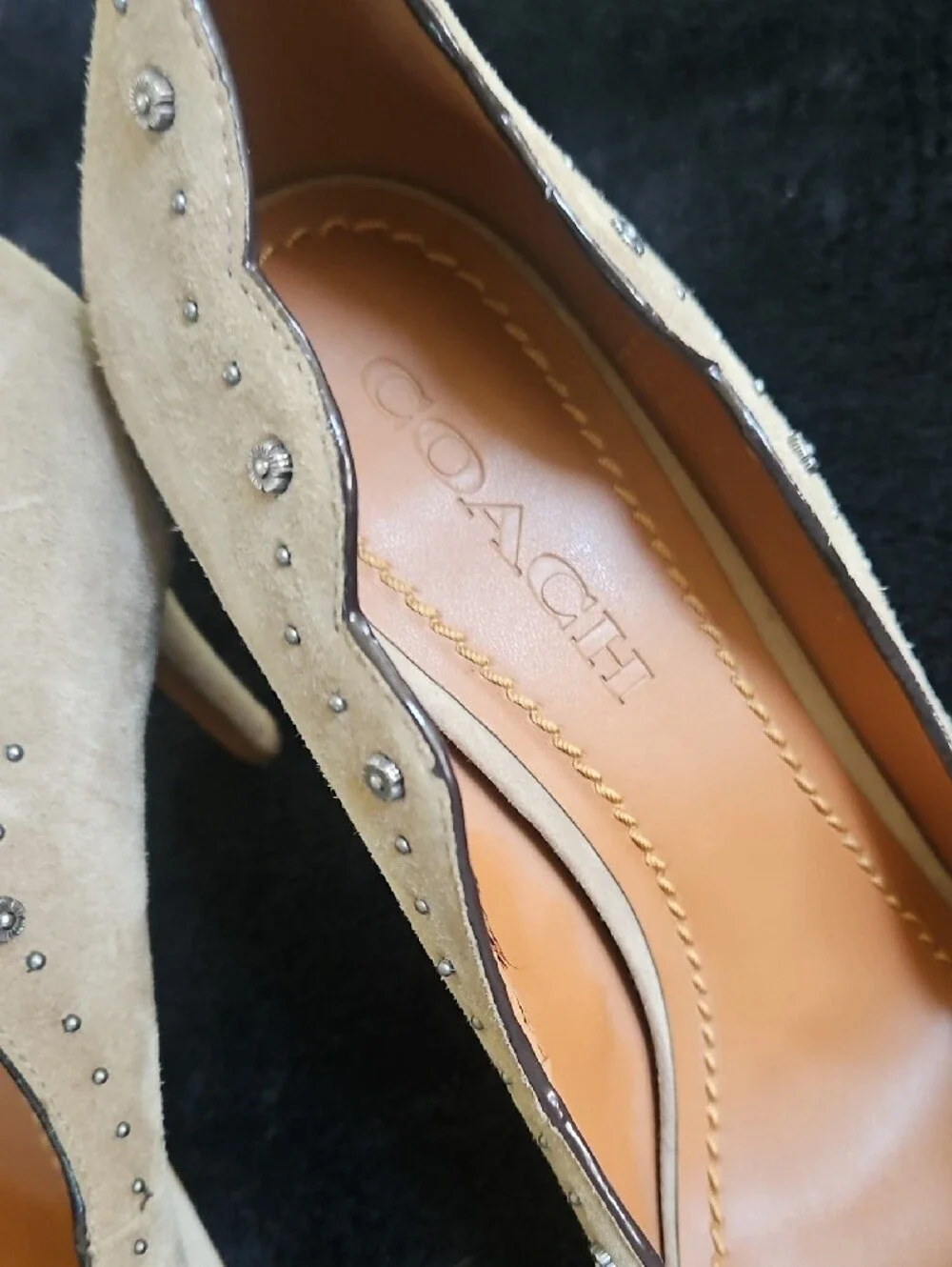 Coach Scalloped Suede Pointed-Toe Pumps in Beige with Stud Accents - Picture 2 of 5